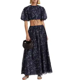 Sir The Label Caprice Puff-Sleeve Cropped Top and Maxi Skirt Set Navy Floral Size 0/AU 6