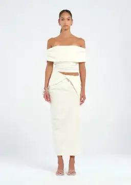 BENNI Rudi Off-Shoulder Top & Midi Skirt in cream Size AU 8