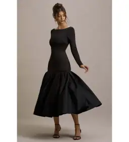 Club L London Perpetua Drop-Waist Midi Dress with Volume Skirt Black Size AU 10 for rent on The Volte - image 3