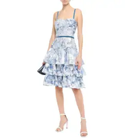 Marchesa Notte Tiered Velvet-Trimmed Fil Coupé Organza Dress in Sky Blue Size 10