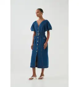 Aje Harper Denim Midi Dress Classic Wash Size AU 8 for rent on The Volte - image 2