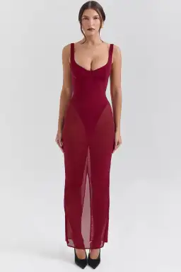 House of CB ROBINA Wine Stretch Mesh Maxi Dress in Burgundy  size AU 6