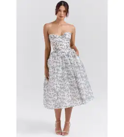House of CB Bennett Dress English Porcelain Print Strapless Midi Sundress Size L/AU 12-14