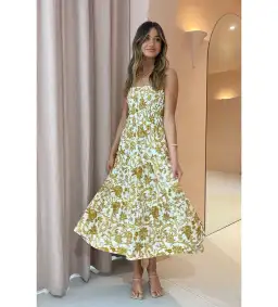 Shona Joy Saffron Shirred Tiered Midi Dress Size XS/ AU 6