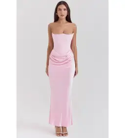 House of CB Persephone Strapless Corse Maxi Dress in Rose Shadow Size AU 8  for rent on The Volte - image 1