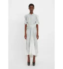 Victoria Beckham Drape Sleeve Midi Dress In White Digital Feather Print Size AU 8
