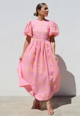 Isabella Longginou Peony Puff Sleeve Dress Midi Size AU 14