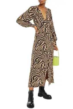 Ganni Tiger Print Midi Wrap Dress Animal Print Size AU 8