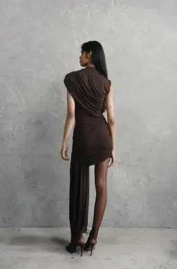 De La Vali Ravenna Draped Jersey Mini Dress in Chocolate Brown Size AU 8 for rent on The Volte - image 4