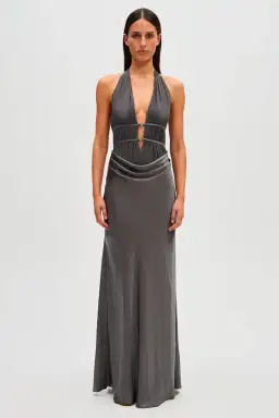 MISHA Celine Satin Maxi Dress Pewter Size 6 for rent on The Volte - image 1