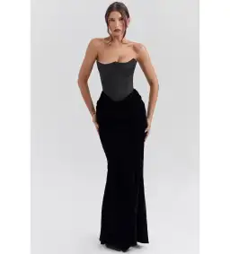House of CB Persephone Strapless Corset Maxi Dress Black Velvet  Size S/Au 8   for rent on The Volte - image 1