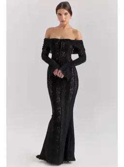 House of CB Belle Off Shoulder Floral Lace Maxi Dress Black Size XS / AU 6