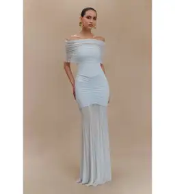 Meshki Caspian Slinky Mesh Off Shoulder Dress Pale Blue Size AU 8 for rent on The Volte - image 1