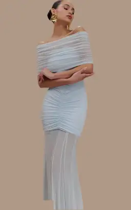 Meshki Caspian Slinky Mesh Off Shoulder Dress Blue Size 10 for rent on The Volte - image 3