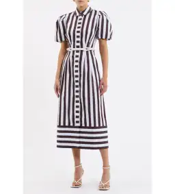 Rebecca Vallance Pippa Puff Sleeve Midi Dress Chocolate Ivory and Light Blue Stripe Print Size 18