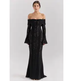 House of CB Belle Off Shoulder Floral Lace Maxi Dress Black Size AU 14 for rent on The Volte - image 1