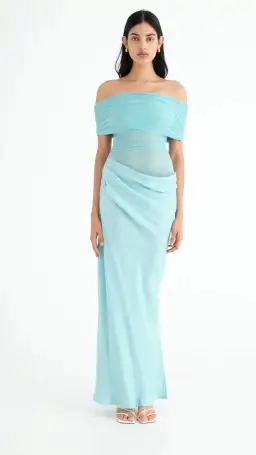 Benni Nico Off Shoulder Maxi Dress  in Aquamarine Size AU  12 for rent on The Volte - image 1