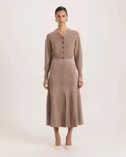 Saba Nadia Suede Leather Midi Skirt Mink Size AU 6 for rent on The Volte - image 1