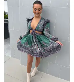 Zimmermann Anneke Ruffle Mini Dress Teal Paisley Size 0P/AU 6P for rent on The Volte - image 2