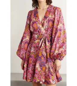 Zimmermann Paisley Fiesta Linen Wrap Mini Dress in Pink Size AU 14 for rent on The Volte - image 2