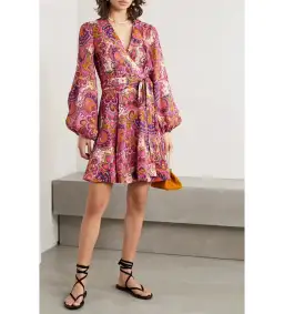 Zimmermann Paisley Fiesta Linen Wrap Mini Dress in Pink Size AU 14 for rent on The Volte - image 1