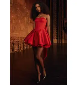 House Of CB Salome Satin Detachable Bow Mini Dress Holly Red Size L/AU 12