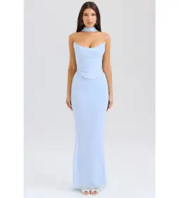 House Of CB Set Hallie Strapless Corset With Neck Scarf & Cassidy Fluted Hem Maxi Skirt Bluebell  Size L/AU 12