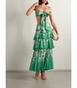 Zimmermann Everley Draped Bow Bralette and Tiered Midi Skirt Set in Green Watercolour Floral Size AU 6