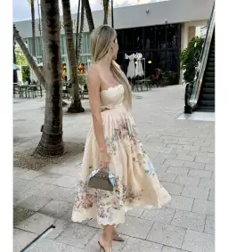 ZImmermann The Halliday Scallop Midi Dress in Cream Watercolour Floral Size 0/AU 8