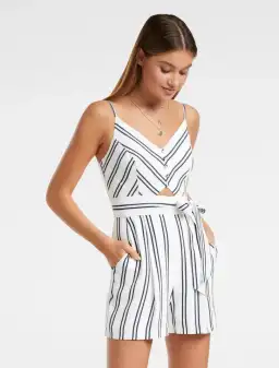 Forever New Sidney Stripe Playsuit White and Navy Size 6