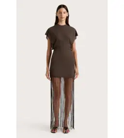 Faithfull the Brand Brita Fringe Mini Dress Chocolate Brown Size 10/M for rent on The Volte - image 1