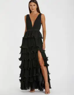 Mac Duggal Sleeveless Ruffle Tiered V Neck Gown Black Size 16