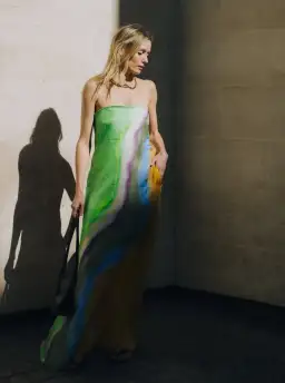 Christopher Esber Printed Silk Satin Maxi Dress Tangelo Aura Print Size AU 6 for rent on The Volte - image 1