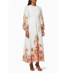 Zimmermann Mae Floral White Linen Midi Dress Size 2 AU 12