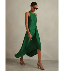 Reiss Micah Satin Drape Tuck Midi Dress In Green Size AU 10
