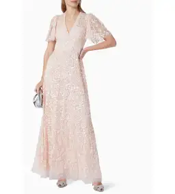 Needle and Thread Amalie Sequin V-Neck Gown Pale Pink in Size 8