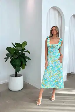 Zimmermann High Tide Frilled Midi Dress Aqua Ikat Floral Size 1 / AU 10 