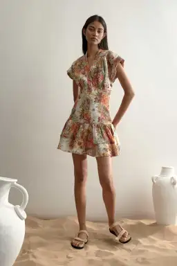 Alemais Sylvia Floral Mini Hemp Cotton Button Dress Size 2 AU 6