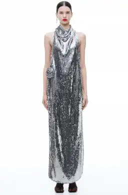 Magda Butrym H&M Sequin Rose Appliqué Maxi Dress in Silver Size XL AU 12 for rent on The Volte - image 1