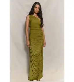 Meshki Capri Gathered Slinky Maxi Dress Vintage Olive Size XS/AU 6