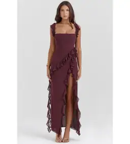 House of CB Ariela Ruffle Maxi Dress Mulberry Size XS / Size AU 6