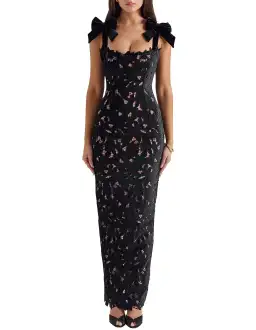 House of CB Tiff Velvet Lace Maxi Dress Black Size 