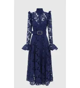 Leo Lin Aliyah Lace Butterfly Sleeve Midi Dress in Navy Size 8 for rent on The Volte - image 1