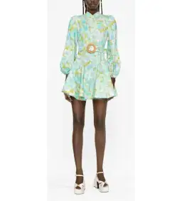 Zimmermann High Tide Buttoned Mini Dress Aqua Ikat Floral Size 0 AU 8
