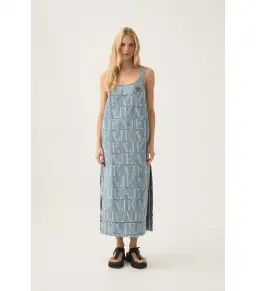 Aje Nostalgia Denim Midi Dress Coastal Logo Wash Size AU 8