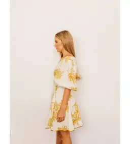Zimmermann Empire Linen Puff Sleeve Mini Dress in Gold Size 0 /AU 8  for rent on The Volte - image 2