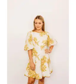 Zimmermann Empire Linen Puff Sleeve Mini Dress in Gold Size 0 /AU 8  for rent on The Volte - image 1