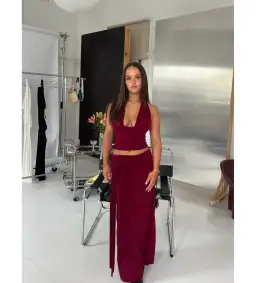 LaMarie Sofia Halter Top and Low Rise Sash Maxi Skirt Set Wine Size XS -S/AU 6 - 8