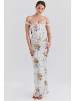 House of CB Isis Corset Maxi Dress in Soft Blue Vintage Print Size S / AU 8