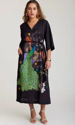 State of Embrace Peacock Kaftan Midi Dress Print Size 18